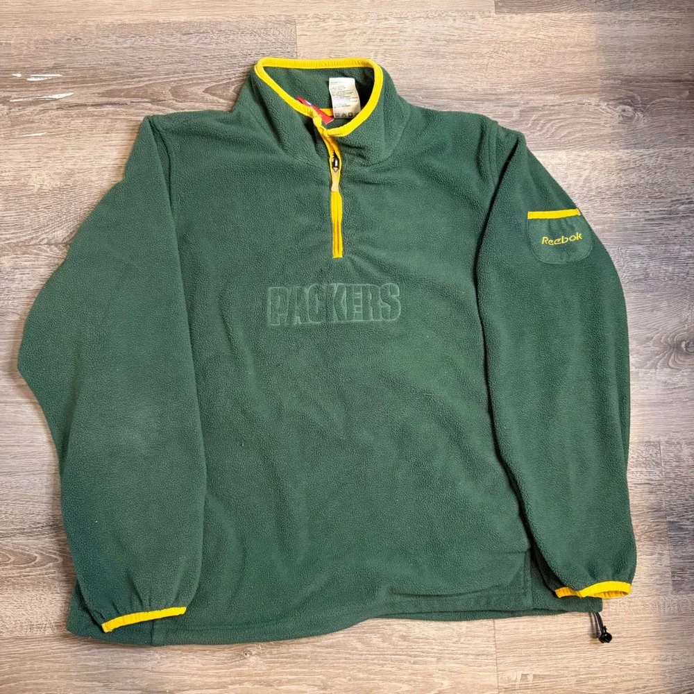 Y2K Reebok Green Bay Packers Fleece Quarter Zip Pullover Green Yellow Mens XL